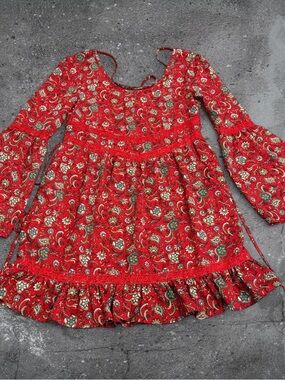 boho coquette red paisley mini dress baby doll bell sleeve